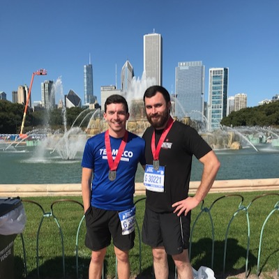 Two brothers in Grant Park after completing Chicago marathon